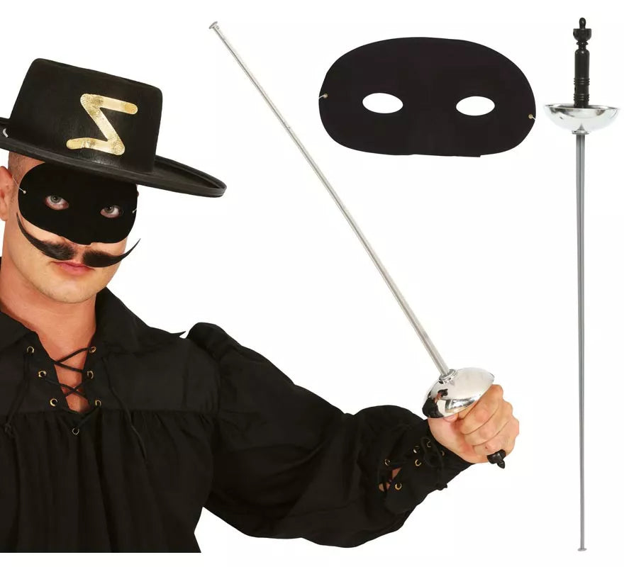 Translation missing: pt-PT.Set antifaz y florete de 65 cm. plateado de héroe enmascarado