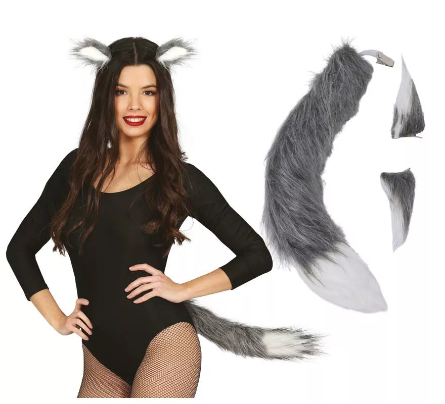 Set lobo Cola y Orejas Gris de 40 cm