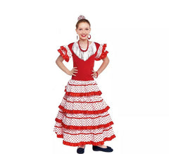 Fato de Sevilhana branca com borda vermelha para menina