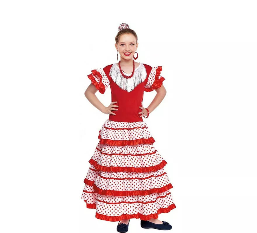 Translation missing: pt-PT.Sevillana blanco con borde rojo para niña