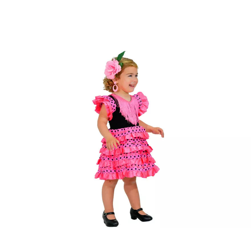 Translation missing: pt-PT.Sevillana Clásico fucsia con lunares negros para niña