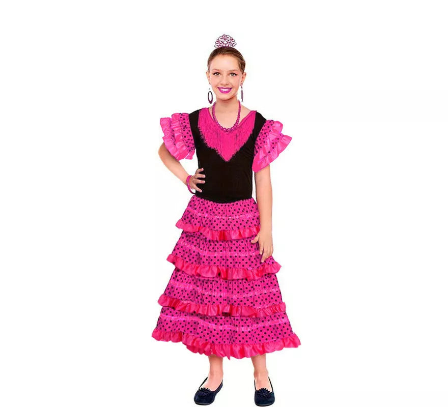 Translation missing: pt-PT.Sevillana Clásico fucsia con lunares negros para niña