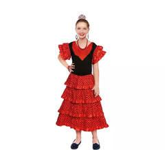 Fato de vestido Sevillana vermelho com bolinhas pretas para menina