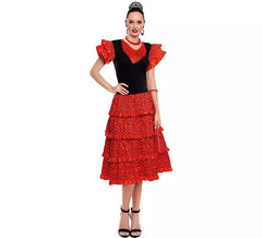 Fato de vestido Sevillana vermelho e preto para mulher