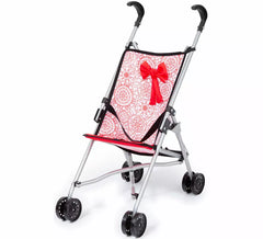 Carrinho de boneca com guarda-chuva e laço vermelho