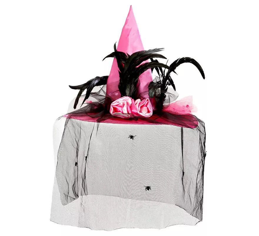 Translation missing: pt-PT.Sombrero Bruja con Velo de Raso, Arañas y Plumas Rosa, 59 cm de circunferencia