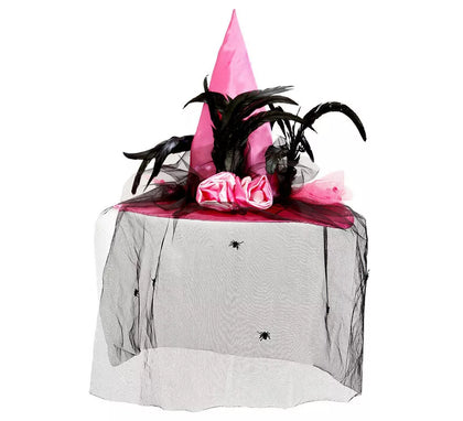 Sombrero Bruja con Velo de Raso, Arañas y Plumas Rosa, 59 cm de circunferencia