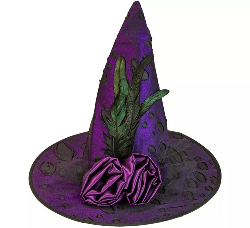 Sombrero de Bruja con Flores y Plumas