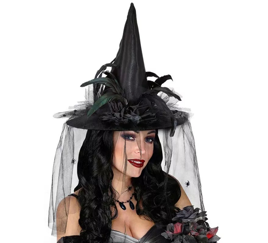 Translation missing: pt-PT.Sombrero de Bruja con Tul, Flores y Plumas