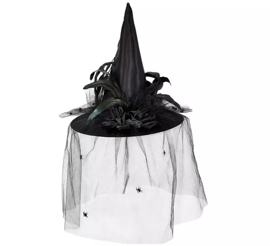 Sombrero de Bruja con Tul, Flores y Plumas