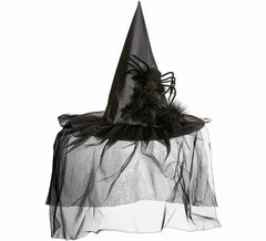 Chapéu de Bruxa com Tule, Penas e Aranha