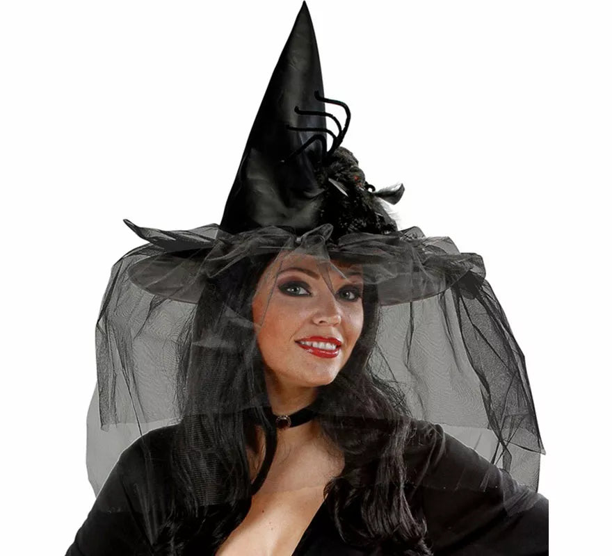 Sombrero de Bruja con Tul, Plumas y Araña