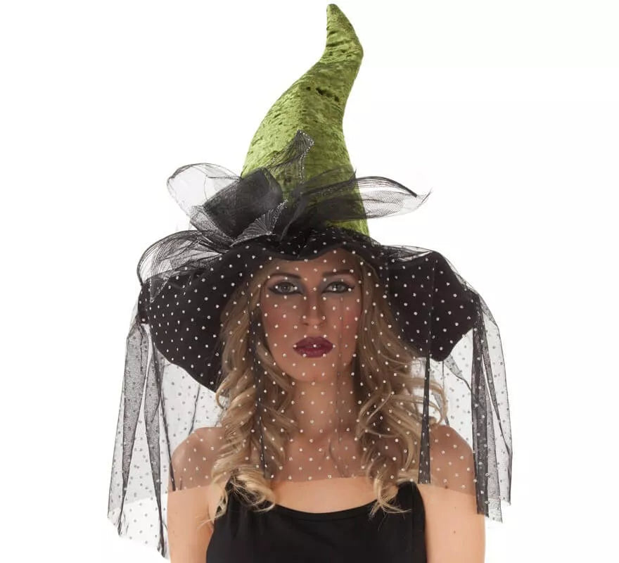 Translation missing: pt-PT.Sombrero de Bruja verde con Velo 59 cm