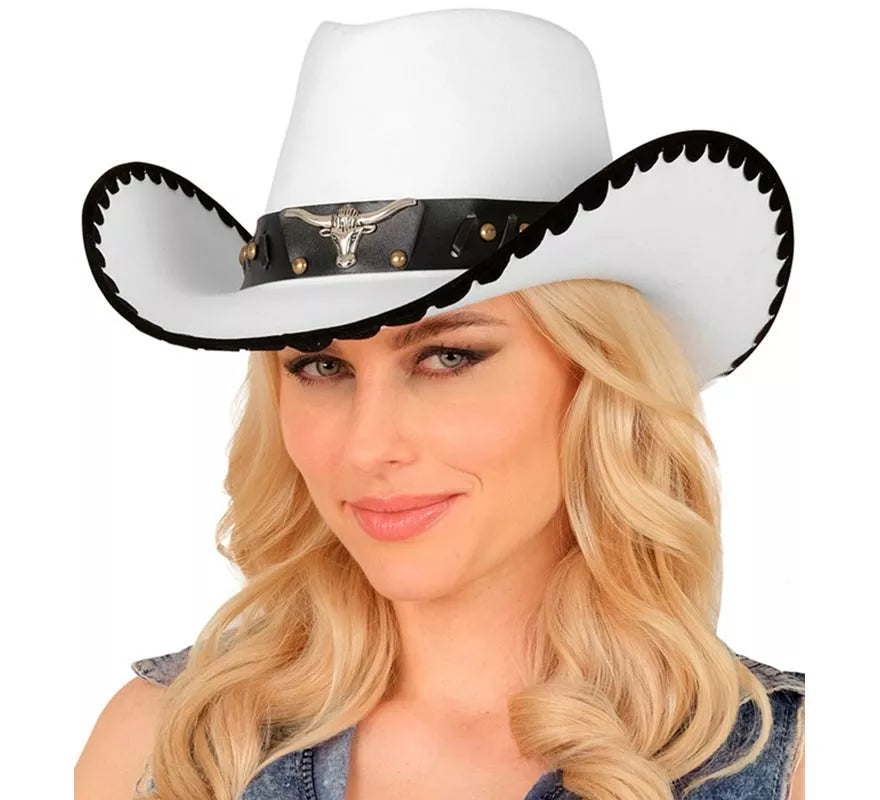 Translation missing: pt-PT.Sombrero de Cowboy con Toro de Fieltro blanco