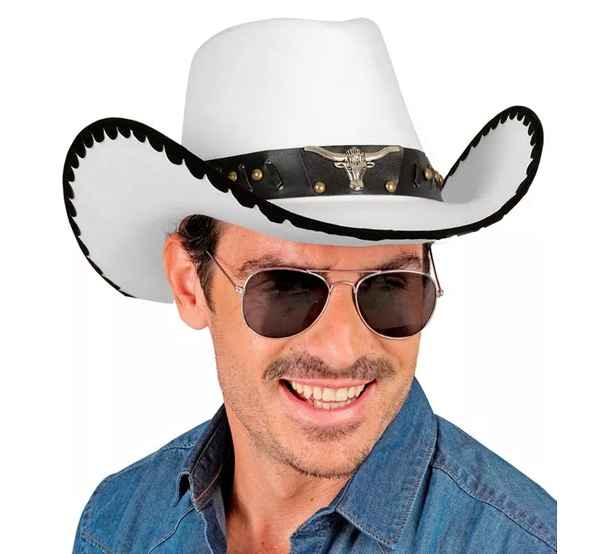 Translation missing: pt-PT.Sombrero de Cowboy con Toro de Fieltro blanco