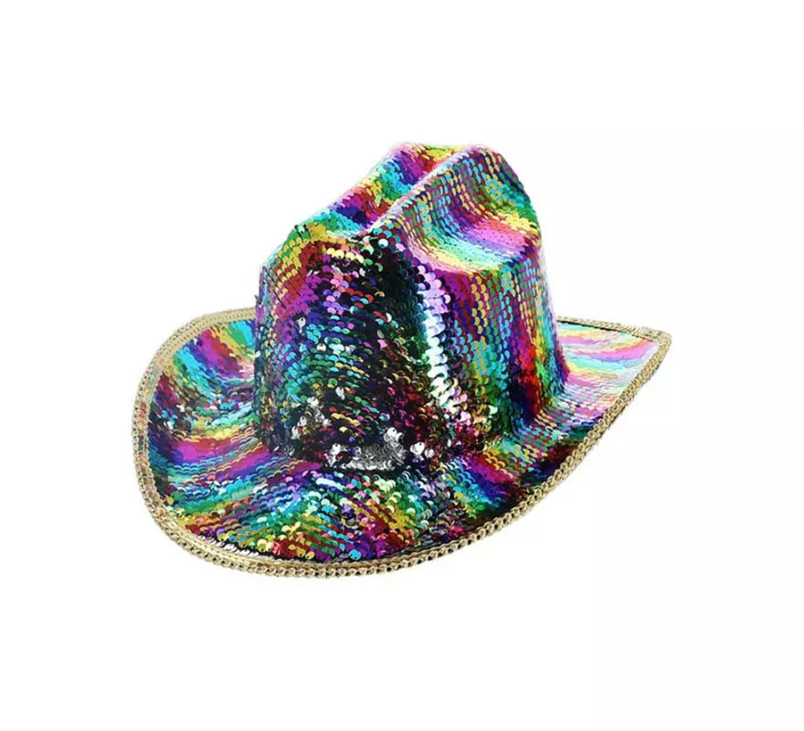 Translation missing: pt-PT.Sombrero de Vaquero con lentejuelas multicolor Deluxe arcoíris adulto