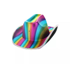 Chapéu de cowboy metálico iluminado com LED arco-íris adulto