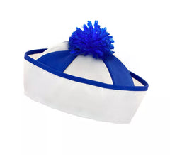 Chapéu de marinheiro com listras e borla azul