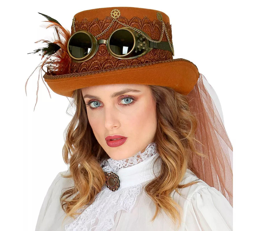Translation missing: pt-PT.Sombrero Steampunk Top de Fieltro con Velo