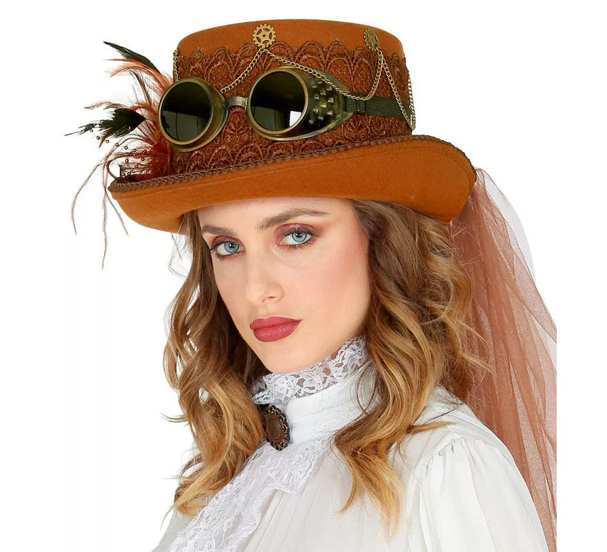 Translation missing: pt-PT.Sombrero Steampunk Top de Fieltro con Velo