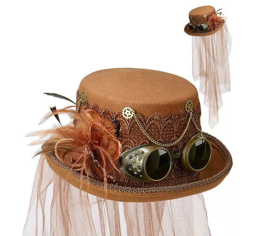 Translation missing: pt-PT.Sombrero Steampunk Top de Fieltro con Velo