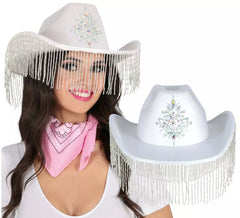 Chapéu de cowboy branco com franjas para adultos