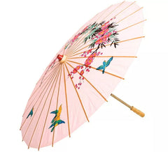 Guarda-sol chinês em papel cor-de-rosa com desenhos 42 cm