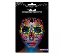 Tatuagem Catrina amarela e rosa fluorescente