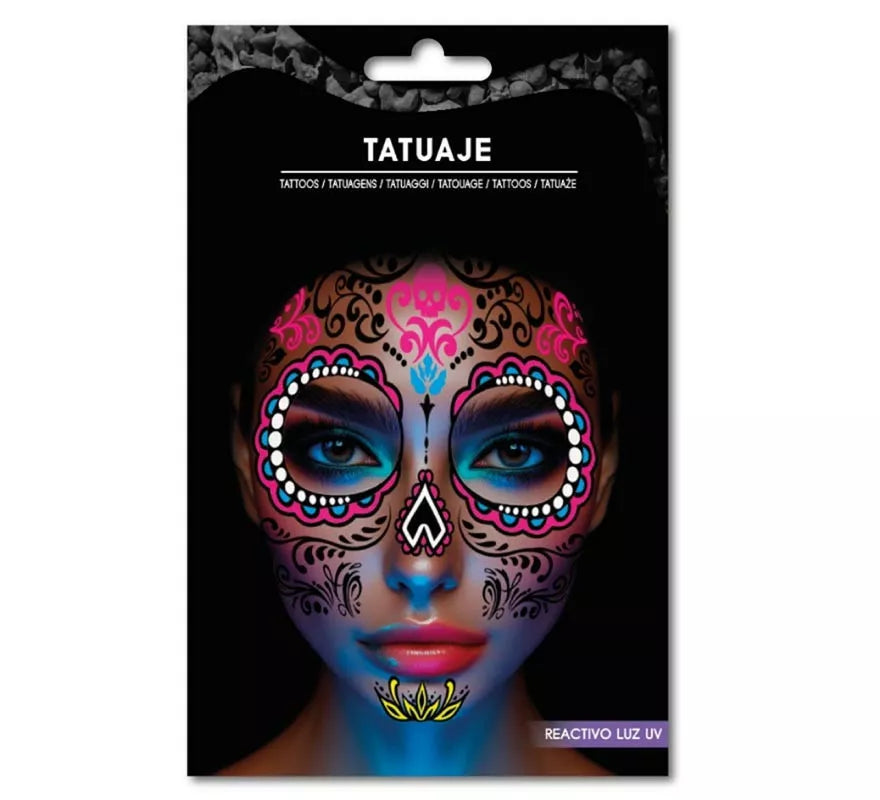 Translation missing: pt-PT.Tatuaje Catrina rosa y azul fluorescente