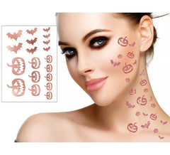 Tatuagens de abóbora e morcego em dourado e rosa