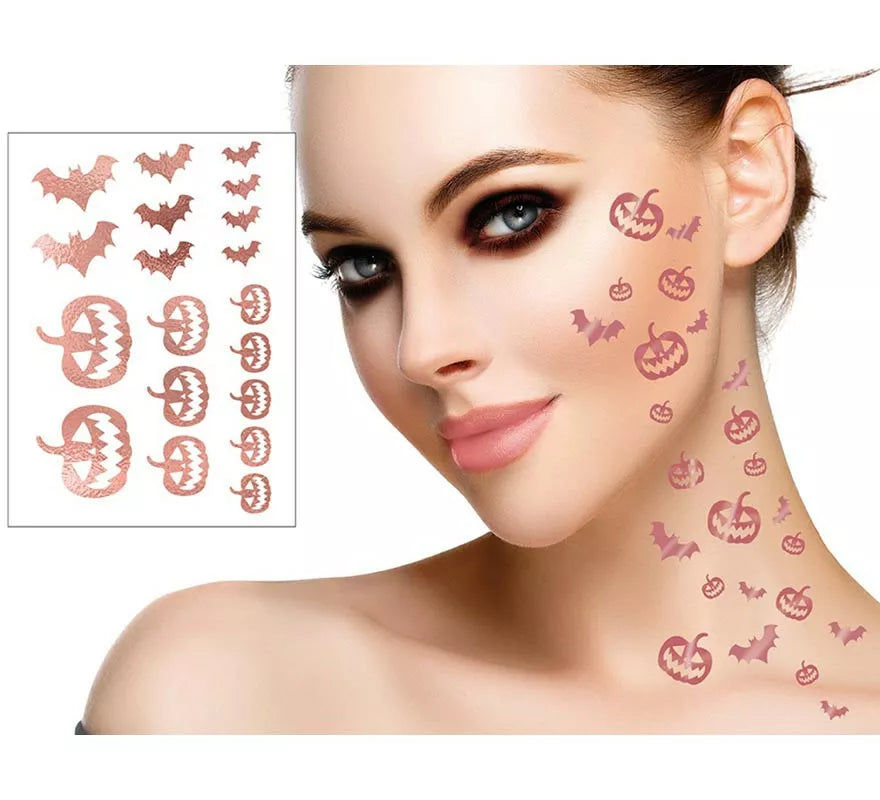Translation missing: pt-PT.Tatuajes de Calabaza y Murciélagos en oro y rosa