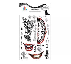 Tatuagens de palhaço com texto conflitante e sorrisos vermelhos