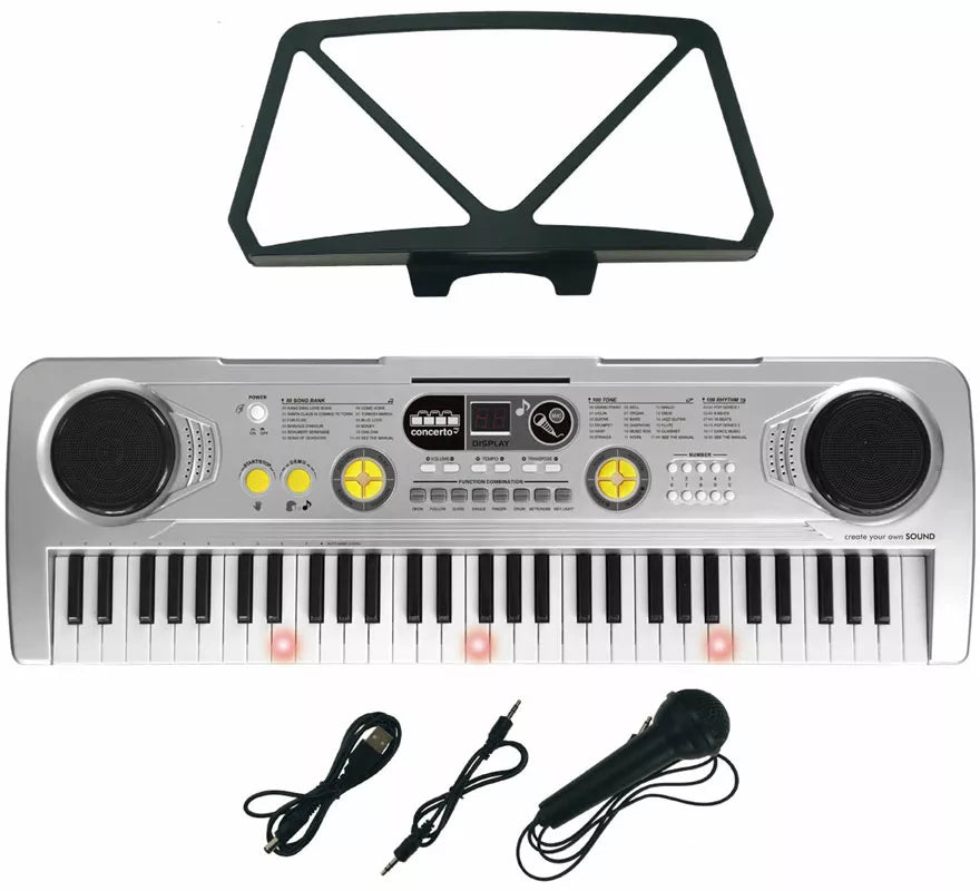 Translation missing: pt-PT.Teclado Electrónico de 61 Teclas con Micrófono USB y Función Profesor plateado