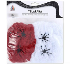 Teia de aranha vermelha e branca com 4 aranhas de 80 gr.