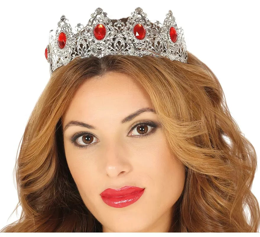 Translation missing: pt-PT.Tiara Plateada con Piedras Rojas de Reina