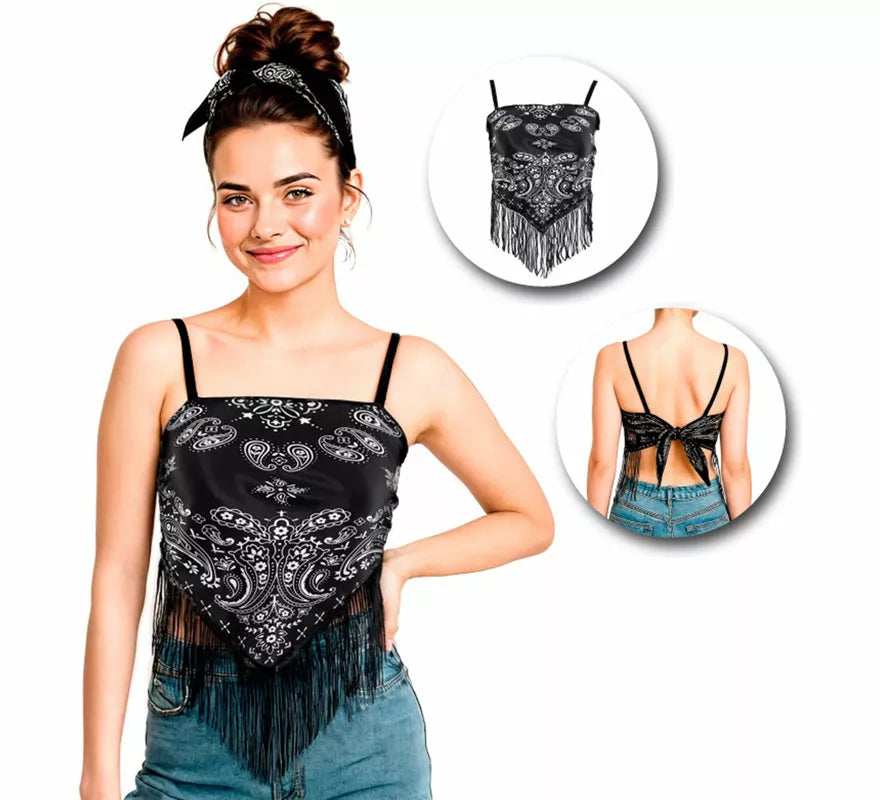 Translation missing: pt-PT.Top Bandana Paisley negro para mujer