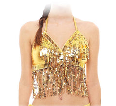 Top dourado com franjas e lantejoulas para adulto