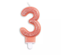 Vela de aniversário de ouro rosa número 3 com glitter