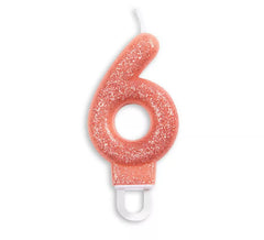 Vela de aniversário de ouro rosa número 6 com glitter