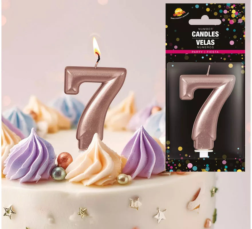 Vela Metalizada Oro y Rosa Número 7, de 8 cm