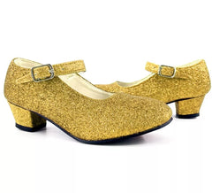 Sapato Sevillana com salto de glitter dourado nos números de 22 a 41