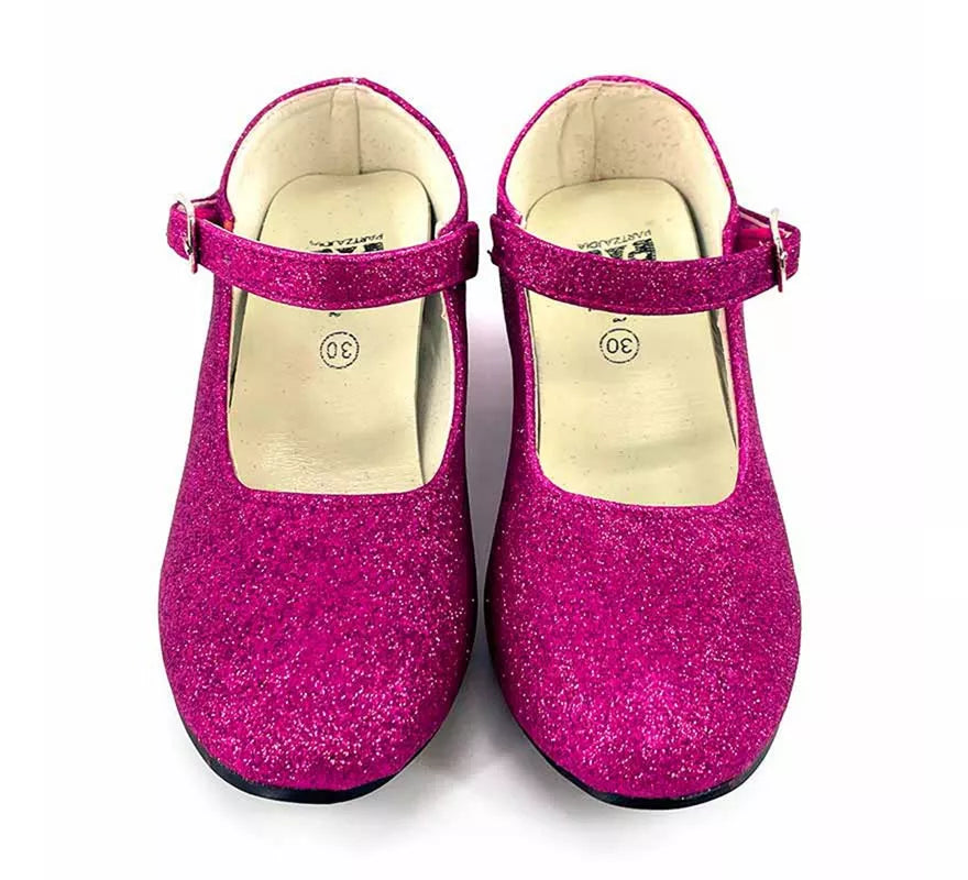 Translation missing: pt-PT.Zapato Sevillana con tacón Fucsia Purpurina en números del 22 al 41