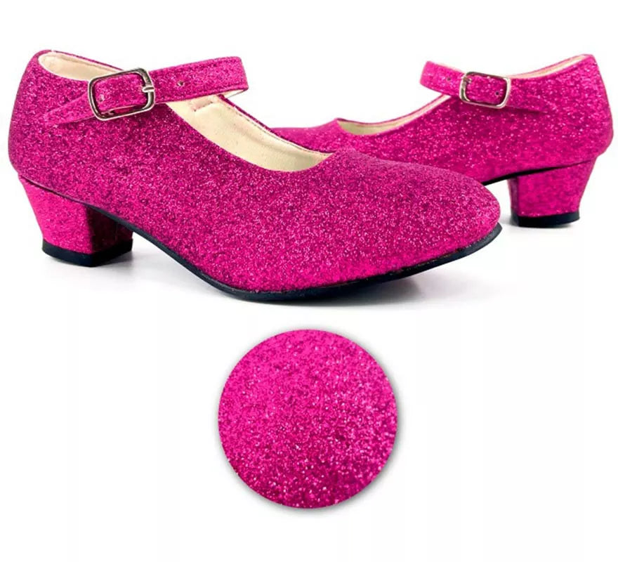 Translation missing: pt-PT.Zapato Sevillana con tacón Fucsia Purpurina en números del 22 al 41
