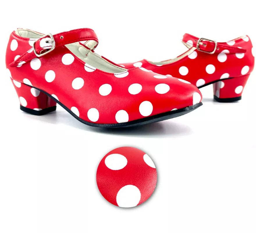 Translation missing: pt-PT.Zapato Sevillana con tacón Rojo con lunares Blancos en números del 22 al 41