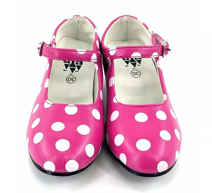 Translation missing: pt-PT.Zapato Sevillana de tacón Fucsia con lunares Blancos números del 22 al 41