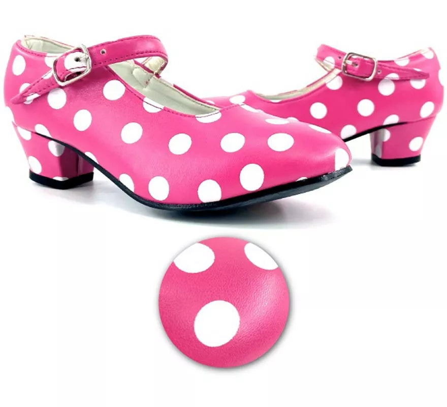 Translation missing: pt-PT.Zapato Sevillana de tacón Fucsia con lunares Blancos números del 22 al 41