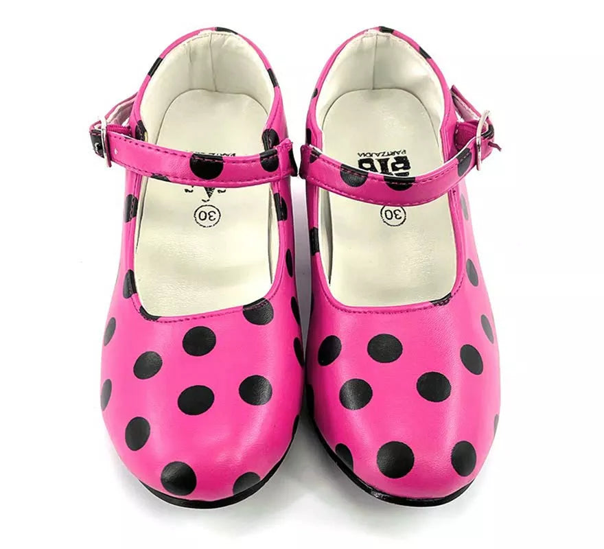 Translation missing: pt-PT.Zapato Sevillana con tacón Fucsia con lunares Negros números del 22 al 41