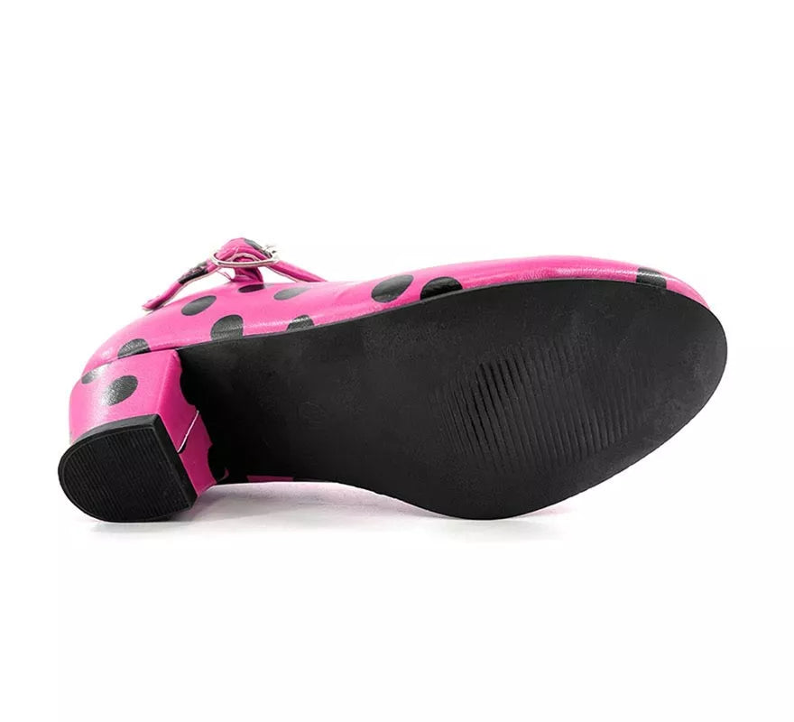 Translation missing: pt-PT.Zapato Sevillana con tacón Fucsia con lunares Negros números del 22 al 41