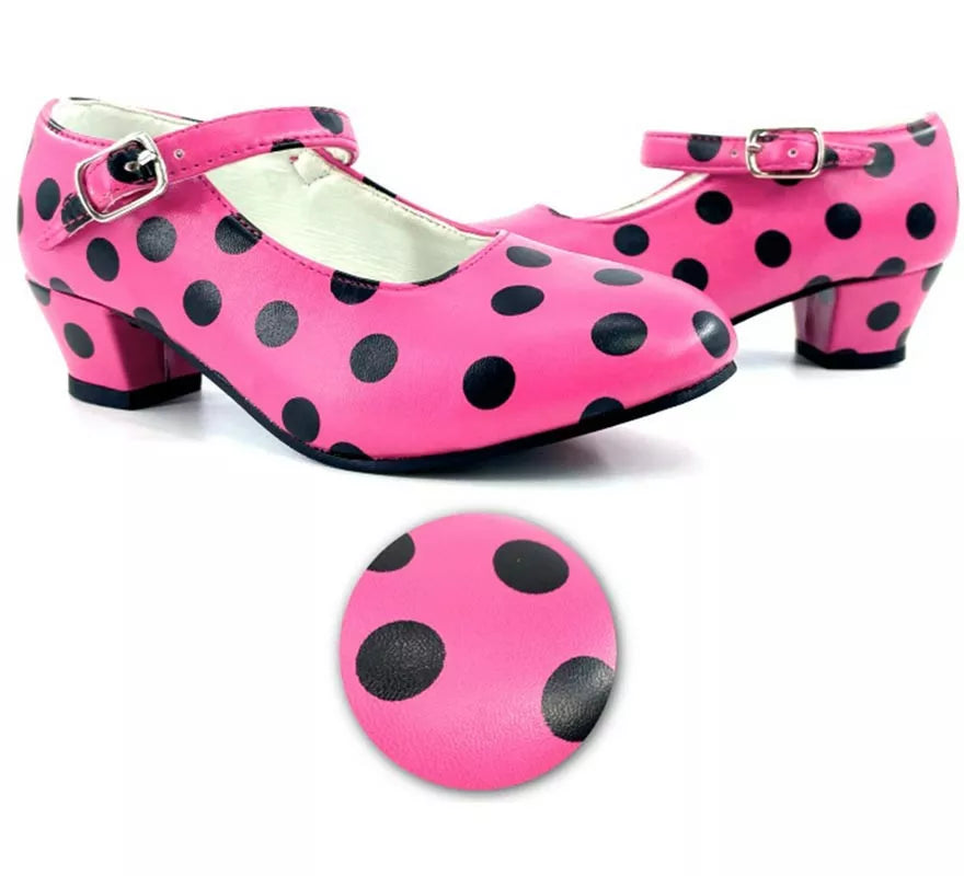 Translation missing: pt-PT.Zapato Sevillana con tacón Fucsia con lunares Negros números del 22 al 41
