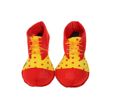 Sapatos de palhaço vermelhos e amarelos com bolinhas adultas